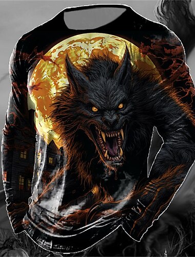  Men's Animal Wolf T shirt Long Sleeve T shirt 3D Print Crew Neck Shirt Vintage Fashion Designer Outdoor Halloween Daily Yellow Red Blue Spring &  Fall Clothing Apparel S M L XL 2XL 3XL 4XL