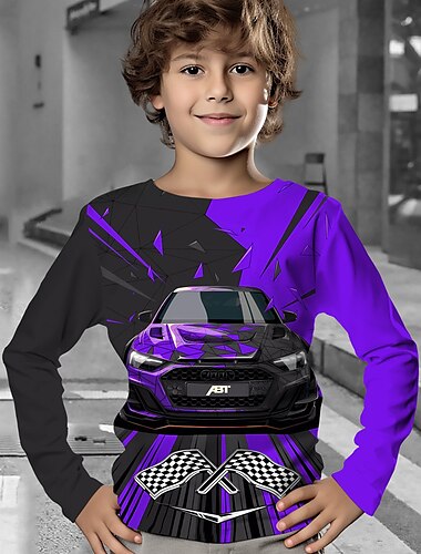  Jungen 3D Geometrisch Auto T-Shirt Langarm 3D-Druck Herbst Winter Sport Modisch Strassenmode kinderkleidung 3-12 Jahre Outdoor Casual Täglich Regular Fit