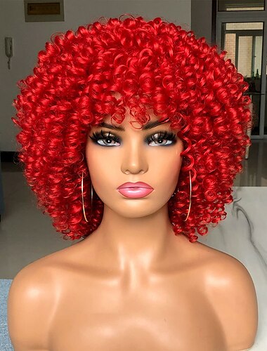  Lockige Afro-Perücke mit Pony, kurze verworrene lockige Perücken für schwarze Frauen, synthetische Faser, weiches Haar, kurze lockige Afro-Perücke