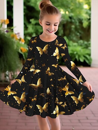  Mädchen' 3D Graphic Schmetterling Kleid Langarm 3D-Druck Sommer Herbst Sport & Natur Täglich Festtage Kuschelig Brautkleider schlicht Schön kinderkleidung 3-12 Jahre Casual kleid A Linie Kleid Übers