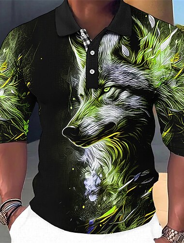  Voor heren Wolf Poloshirts Golfshirt Lange mouw Poloshirt Overhemden met kraag Casual Grappig Vakantiekleding Feestoutfits 3D-afdrukken Knop Herfst winter Rood Blauw Groen