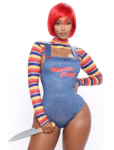  Damen Chucky Cosplay Kostüm Bodysuits Für Halloween Karneval Sexy Kostüm Erwachsene Gymnastikanzug / Einteiler oben