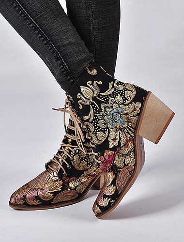  Damen-Stiefeletten mit Blumenstickerei und Schnürung – Vintage-Boho-Stiefeletten mit dickem Absatz für Herbst, Winter, Festivals und Freizeit