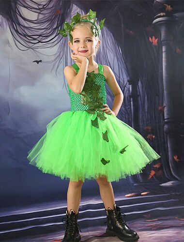  子供 女の子 ドレス パーティードレス リーフ柄 魔女の衣装の子供たち ハロウィンカスタム ノースリーブ 性能 パーティー メッシュ エレガント ファッション 美しい ポリエステル 膝丈 パーティードレス スイングドレス チュールワンピース 秋 冬 4年以上 グリーン