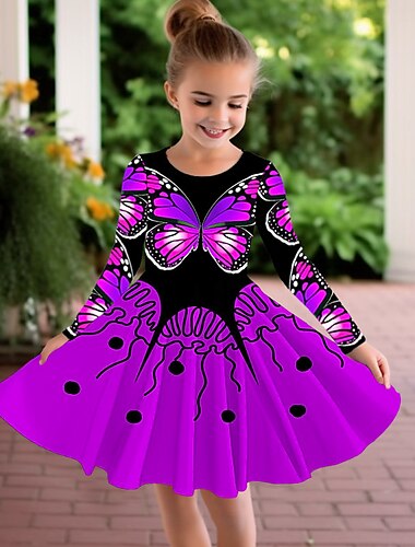  Mädchen' 3D Graphic Schmetterling Kleid Langarm 3D-Druck Sommer Herbst Sport & Natur Täglich Festtage Kuschelig Brautkleider schlicht Schön kinderkleidung 3-12 Jahre Casual kleid A Linie Kleid Übers