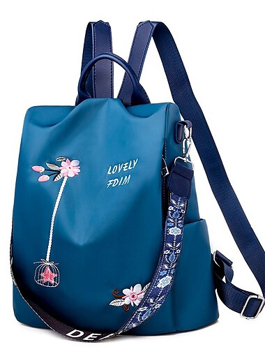  Schwarzer wasserdichter Nylon-Rucksack für Damen mit Blumenstickerei und Schultergurt – lässige, leichte und diebstahlsichere Tasche für Reisen, Schule oder den täglichen Gebrauch