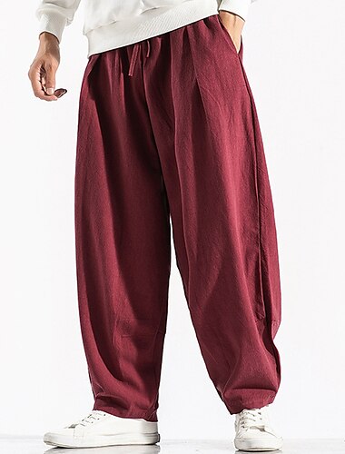  Voor heren Linnen broek Broek Zomerbroek Zak Trekkoord Elastische taille Effen Comfort Ademend Buiten Dagelijks Uitgaan Modieus Casual Zwart Rood