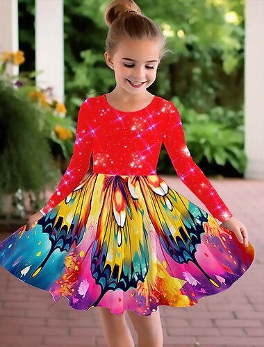  Mädchen' 3D Graphic Schmetterling Kleid Langarm 3D-Druck Sommer Herbst Urlaub Sport & Natur Täglich Kuschelig Brautkleider schlicht Schön kinderkleidung 3-12 Jahre Casual kleid A Linie Kleid Übers