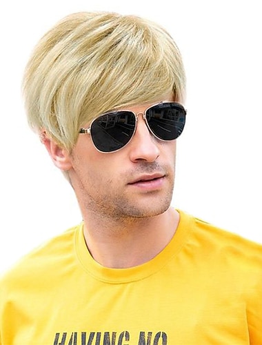  Men Wig Short Blonde Golden Straight Handsome Synthetic Hair Wigs for Carnival Party