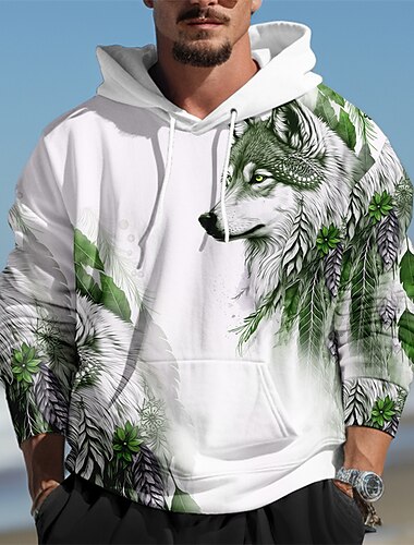 Herren Wolf Grafik-Drucke Hoodie Sweatshirt Kapuze Hoodies Pullover Zur Seite fahren Langarm Sweatshirt mit Kapuze Mit Kapuze Täglich 3D-Druck Festtage Ausgehen Strassenmode Blau Dunkelgrün Bedruckt