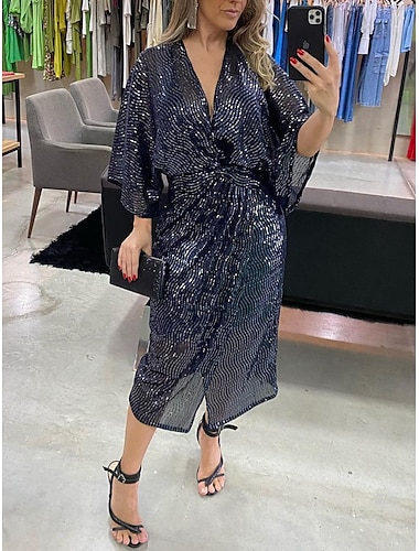  Robe mi-longue Femme robe paillette Manches 3/4 Printemps Automne Hiver - Mode Soirée Moderne Paillettes Brillant Etincelant Couleur monochrome Col V 2023 bleu marine S M L XL XXL 3XL