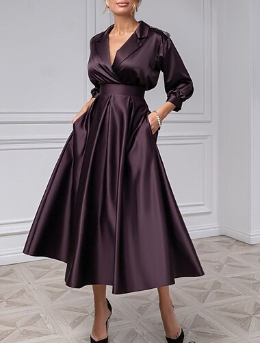  שמלת אורח כלה בשורה אלגנטית שמלה אלגנטית חצי רשמי מסיבת ערב תה באורך 3/4 צווארון חולצה שרוולים סאטן עם קפלים 2024