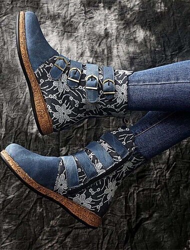  Damen-Stiefeletten im Vintage-Stil mit Blumenstickerei – farbenfrohe Kunstlederstiefel im Bohème-Stil mit Schnallenriemen und seitlichem Reißverschluss, lässiges Retro-Schuhwerk für Herbst und Winter