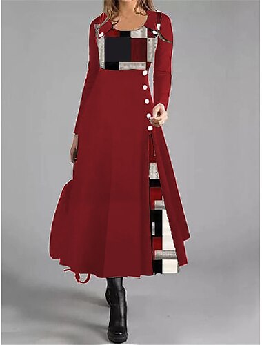  Freizeitkleid für Damen, A-Linie, geometrisch, Patchwork, Knopfleiste, lange Ärmel, Rundhalsausschnitt, schwarz, rot, Arbeit, Herbst, Winter, weich, bequem, regulär