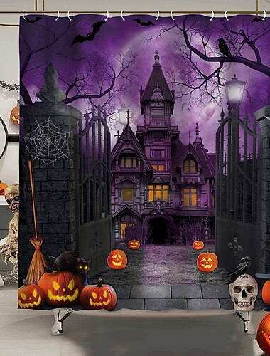  Halloween-Horror-Duschvorhang mit Haken, Halloween-Badezimmer-Dekor, wasserfester Stoff-Duschvorhang-Set mit 12 Kunststoff-Haken, Skelett, Kürbis, Hexe