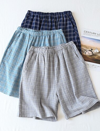  Hombre Pijama Pantalones cortos de pijama Plaid Elegante Casual Confort Hogar Diario Cama Mezcla de Algodón Comodidad Verano Primavera Azul Piscina Azul Oscuro