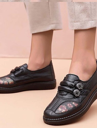  Női Slip-Ons Kényelmes cipők Napi Gyaloglás Tömör szín Virágos Nyár Virág Lapos Kerek orrú Szüret Divat Alkalmi Műbőr Papucs Fekete Rubin