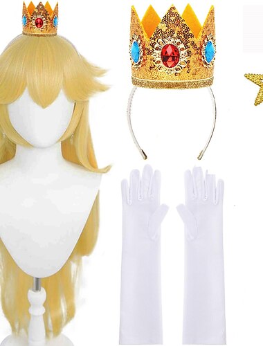  Peluca de princesa para niñas y mujeres, peluca de cosplay ondulada larga dorada, peluca sintética, peluca de anime para fiesta, pelucas de halloween