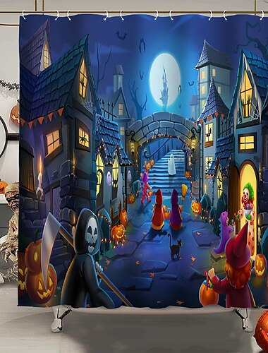  Halloween-Horror-Duschvorhang mit Haken, Halloween-Badezimmer-Dekor, wasserfester Stoff-Duschvorhang-Set mit 12 Kunststoff-Haken, Skelett-Kürbis-Hexe