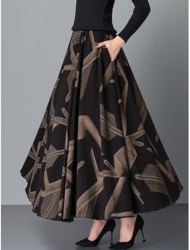  Women's Skirt A Line Maxi High Waist Skirts Pleated Pocket Print Floral Office / Career Street Winter Polyester Fashion Casual Black Yellow Red
