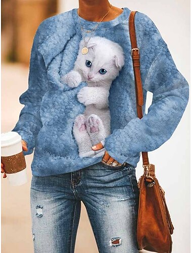  Sweatshirt Damen Pullover Katze Street Casual Weiß Rosa Marineblau Sport Basic Rundhals Langarmshirt Mikro-Elastisch Herbst&amp;Winterkomfort, atmungsaktives, weiches Gewebe