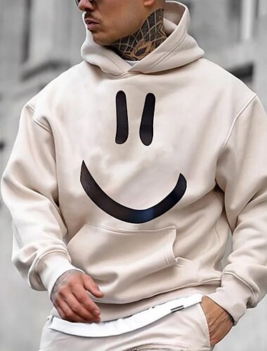  smile face luvtröja grafisk tröja herr khaki huva tecknade tryck dagliga sport streetwear designer basic vår&amp; hösten kläder kläder casual vit bomull