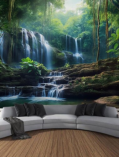  Waldwasserfall hängende Wandteppich-Wandkunst, großer Wandteppich, Wanddekoration, Fotografie, Hintergrund, Decke, Vorhang, Zuhause, Schlafzimmer, Wohnzimmer, Dekoration Wandtuch XXL Natur