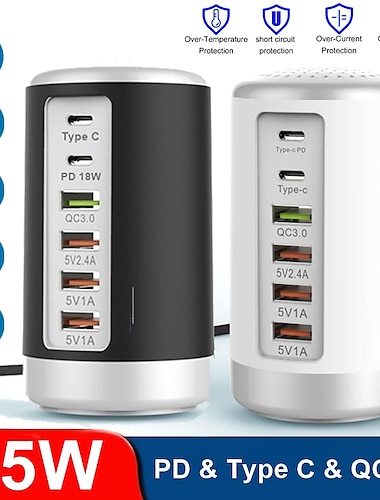  6-portars bordsladdare, 65w usb-hub-laddningsstation (3 x usb+typ c+qc3.0+pd 18w), multi-ports laddare hub bordsladdningsstation, snabb väggladdare kompatibel med smarta telefoner, surfplattor och mer