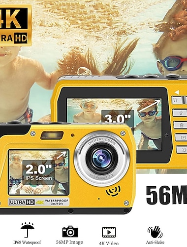  4k30fps vedenpitävä kamera 56mp vedenalainen kamera uhd videonauhuri selfie ips kaksoisnäyttö(3/2) 10ft vedenpitävä digikamera snorklausta varten lomalla 1700mah