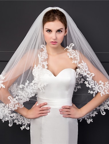  Véu de casamento com borda de aplique de renda de duas camadas Véus de ponta de dedo com apliques Renda de 95 cm (37,4 pol.)