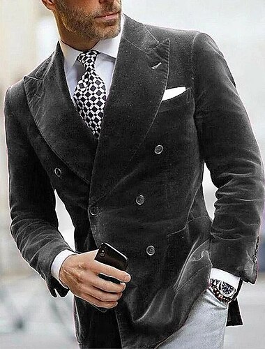  chaqueta blazer de terciopelo para hombre blazer de fiesta por la noche para boda padrinos de boda banquete cena solapa en pico corte entallado doble botonadura seis botones color sólido negro