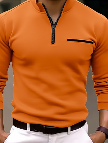  Herr POLO Shirt Pullover Sport Dagliga kläder Fjärdedels blixtlås Långärmad Mode Bekväm Slät Ficka Dragkedja Vår & Höst Normal Svart Vit Marinblå Orange POLO Shirt
