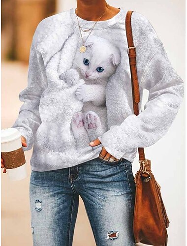  женская толстовка-пуловер cat street casual белый розовый темно-синий спортивный базовый круглый вырез длинный рукав топ микро-эластичный осень&amp;Зимний комфорт, дышащая мягкая ткань