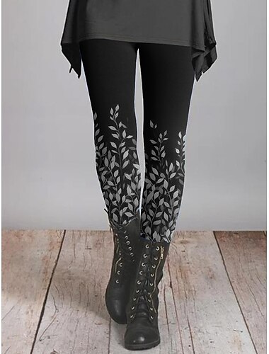  Damen Leggings Hosen Mode Weich Voller Länge Natürlicher Blatt Druck Thermisch Warm Bequem Mikro-elastisch Urlaub täglich Schwarz Grün Asche Schwarz 1 Alle Jahreszeiten