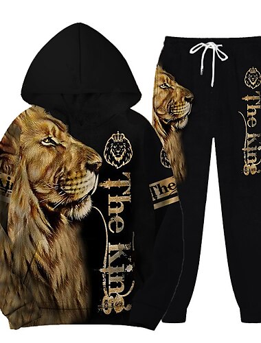  Voor heren Trainingspak Truien instellen Bruin Capuchon Grafisch dier 2-stuks Afdrukken Sport & Outdoor Casual Sport 3D-afdrukken Streetwear Ontwerper Basic Lente Herfst Kleding Hoodies Sweatshirts