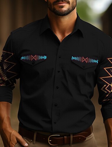  בגדי ריקוד גברים שבטי הדפסים גרפיים וינטאג' חולצה חולצה מערבית חולצת בוקרים שרוול ארוך אופנתי סגנון רחוב מעצב יומי בָּחוּץ סתיו חורף צווארון מתקפל דפוס פול שחור