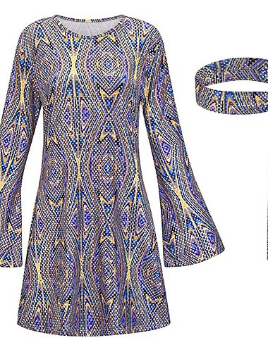  Retro Vintage 1970er Disko Kleid Stirnband Trompetenärmel Hippie Druck Damen Maskerade Party Party / Abend Pride Parade Erwachsene Kleid Stirnband