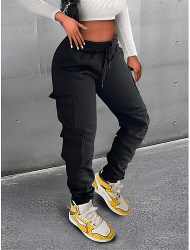  Γυναικεία Παντελόνια με τσέπες Αθλητικές Φόρμες Ψηλή Μέση Πλήρες μήκος Μαύρο Φθινόπωρο