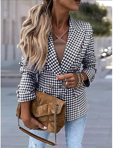  Women's Blazer Fall Formal Button Houndstooth Winnter Windproof Streetwear Regular Fit Outerwear Long Sleeve Yellow S