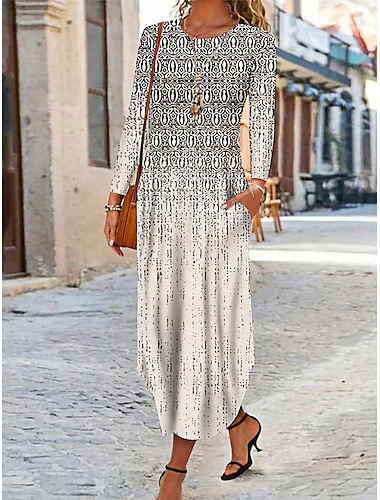  Robe Maxi Femme Robe Ethnique Robe Imprimée Robe de Printemps Robe Vintage Ethnique Tribal Vacances Quotidien Coupe Classique Fleurie Tribal Manches Longues Col Rond Blanc Jaune Vin Bleu Été