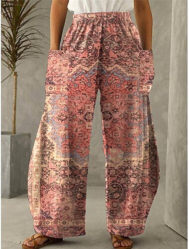  Mujer Pantalones anchos Pantalones Harem Mezcla Lino Algodón Bolsillo Estampado Design Tiro Alto Longitud total Rosa Claro Verano