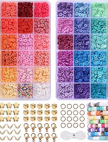  4800 Stück Tonperlen für die Herstellung von Armbändern, 48 Farben, flache, runde Heishi-Perlen aus Fimo für die Schmuckherstellung, für Mädchen von 8–12 Jahren, Preppy, Geschenkpackung