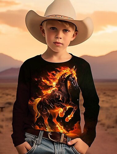  Jungen 3D Graphic Tier Pferd T-Shirt Langarm 3D-Druck Sommer Frühling Herbst Sport Modisch Strassenmode kinderkleidung 3-12 Jahre Outdoor Casual Täglich Regular Fit