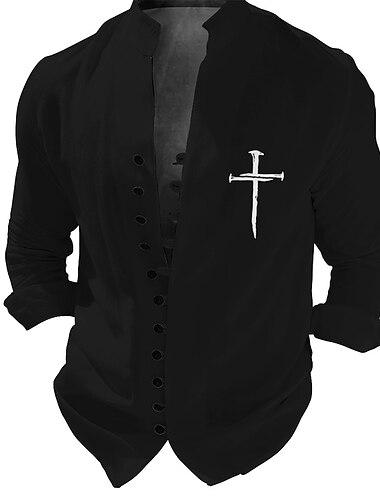  Herren Kreuz Hemd Knopfhemd Kurzarm Modisch Strassenmode Designer Outdoor Urlaub Täglich Sommer Frühling Ständer Bedruckt Schwarz Weiß Grün Khaki