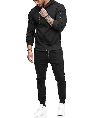  Herren Trainingsanzug Jogginganzug Dunkelgrau Schwarz Armeegrün Burgund Dunkelmarine Kapuzenpullover Einfarbig Kordelzug 2 teilig Tasche mit Reißverschluss Sportlich Athlässigkeit Herbst Winter