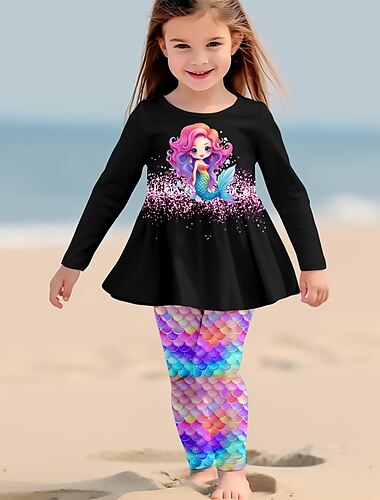  Mädchen 3D Graphic Karikatur Meerjungfrau T-Shirt & Hose Kleider-Set Kleidungsset Langarm 3D-Druck Sommer Herbst Winter Aktiv Modisch Täglich Polyester kinderkleidung 3-12 Jahre Outdoor Verabredung