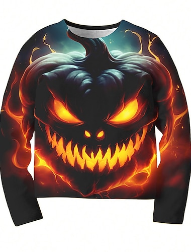  ハロウィーン 男の子 3D カボチャ Tシャツ Ｔシャツ 長袖 3Dプリント 秋 冬 スポーツ ファッション ストリートファッション ポリエステル 子供 3〜12年 アウトドア ハロウィーン 日常 レギュラー