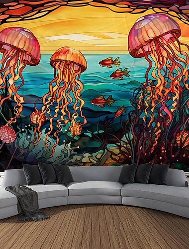  Qualle Unterwasser hängender Wandteppich Wandkunst großer Wandteppich Wandbild Dekor Fotografie Hintergrund Decke Vorhang Zuhause Schlafzimmer Wohnzimmer Dekoration Buntglas