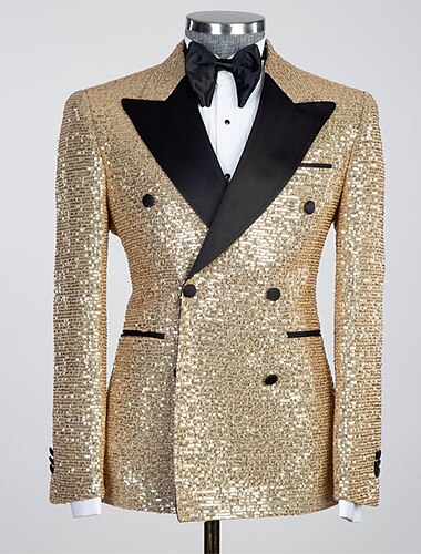  Blazer disco de lentejuelas de los años 70 para hombre, chaqueta tipo blazer con lentejuelas brillantes para fiesta, ajuste a medida, color sólido, doble botonadura, seis botones, negro, dorado,