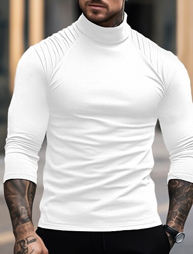  Men's T Shirt Tee Top Long Sleeve Turtleneck Summer Plain Slim Pleated Fashion Designer Basic Vacation Street Going out Black White Navy Blue Top Tee for Men